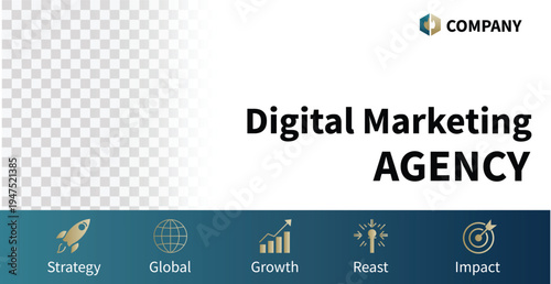 Modern Digital Marketing Agency Banner with Strategy and Growth Icons on Transparent Background