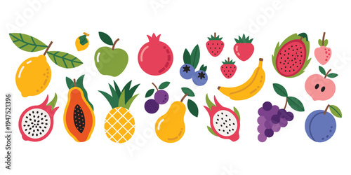 Vibrant Assortment of Fresh Fruits with Leaves on a White Background Keywords: fruits, fresh, healthy, food, nature, organic