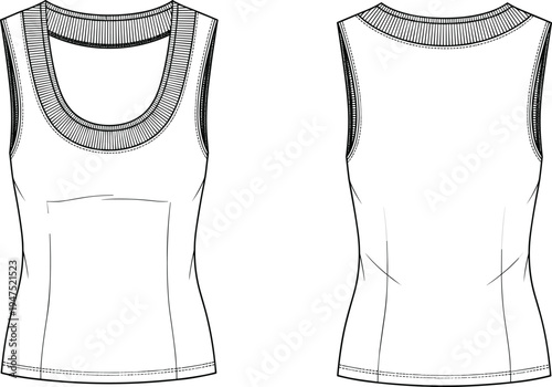 "Technical fashion illustration of sleeveless tank top showing front and back views with scoop neckline, ribbed detailing, fitted silhouette, apparel design garment construction drawing"