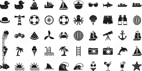 Summer beach nautical icon silhouette vector illustration, vacation marine artwork collection, tropical seaside lifestyle design, ocean holiday theme, black and white decorative art set