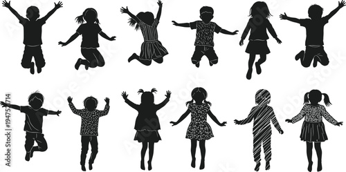 Happy jumping kids silhouettes collection showing playful children jumping and celebrating joyful childhood moments isolated on white background