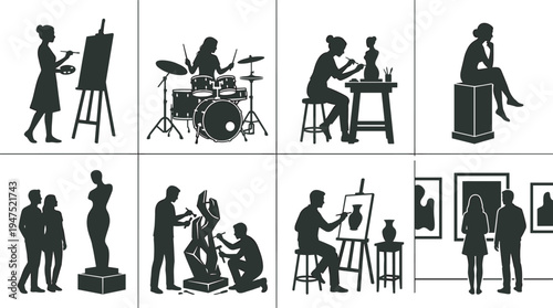 Artist and museum people silhouettes set showing painting sculpting drumming gallery exhibition creative activity vector