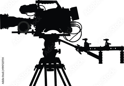 Professional video camera on tripod silhouette with stabilizer rig isolated black vector illustration representing filmmaking equipment, television production, cinematography technology, and 