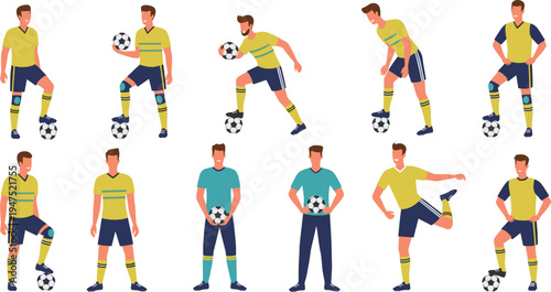 Set of professional soccer player characters in various standing poses holding footballs and wearing team uniforms for sports marketing, athletic club branding, and fitness vector designs.