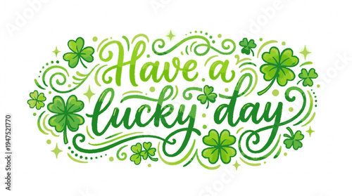 Optimistic st patrick's day greeting with green shamrocks and swirling design elements on white background