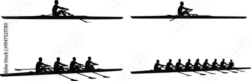 Professional rowing silhouettes set featuring single scull athletes four man crew and eight person team with coxswain for competitive water sports and regatta training