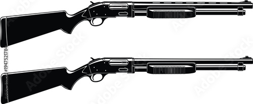 Pump action shotgun silhouettes side view set isolated black vector illustration showing classic hunting firearm design, tactical weapon concept, and shooting equipment for security or sport
