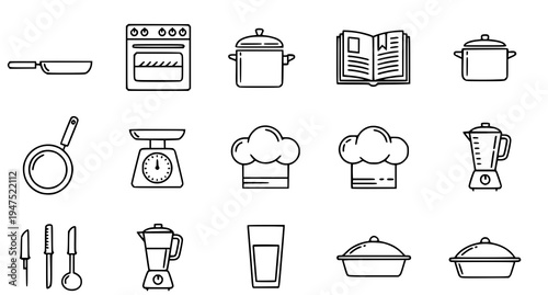 A set of kitchen icons including cooking utensils and appliances in a minimalist line art style