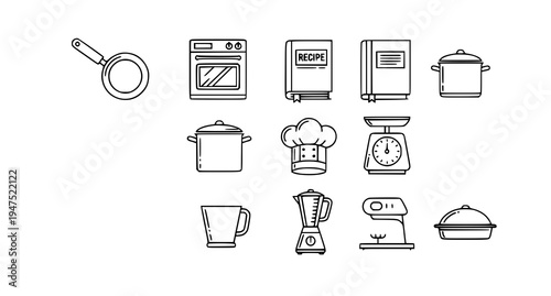 A set of kitchen icons including cooking utensils and appliances in a minimalist line art style