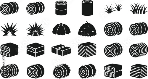 Set of black and white vector icons representing various hay bales, straw bundles, dried grass stacks, and agricultural harvest symbols for farm and ranch