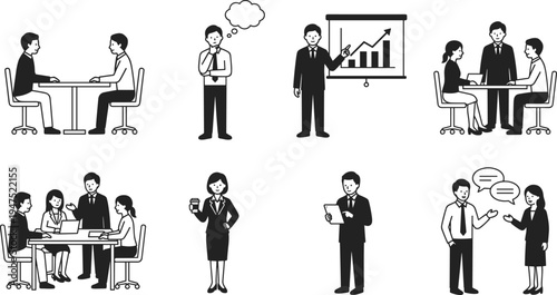 Business people silhouettes set showing meeting discussion presentation teamwork office communication corporate workers vector illustration