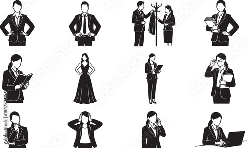Business people silhouettes set professional office workers reading talking laptop documents corporate character vector collection