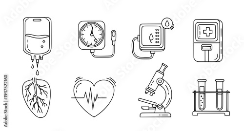 A set of medical icons including a blood bag, blood pressure cuff, IV drip, first aid kit, human heart, microscope, and test tubes, all in a flat line art style.