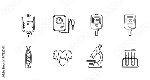 A set of medical icons including an IV bag, blood pressure monitor, thermometer, glucometer, DNA helix, heart rate, microscope, and test tubes in a flat, minimalist line art style.