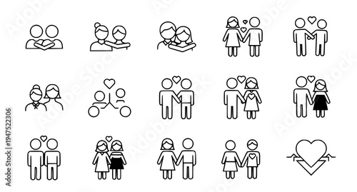 A set of minimalist line art icons depicting various loving relationships and affectionate interactions between people