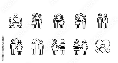 A set of minimalist line art illustrations depicting various romantic relationships and affectionate interactions between people