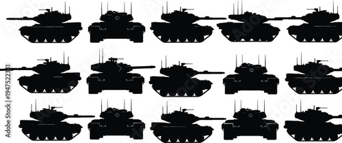 Set of black military tank silhouettes featuring heavy armored vehicles and main battle tanks from various angles for army defense war and combat vector illustrations.