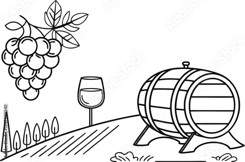 Vineyard landscape vector illustration with grapes, wine glass, and wooden barrel