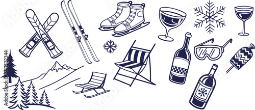 Winter sports and leisure vector illustration set with ski, ice skates, and wine
