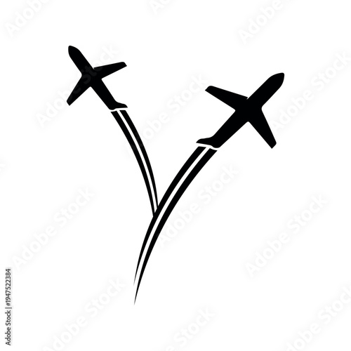 Two airplanes flying upwards with curved trails - minimalist aviation silhouette vector illustration.