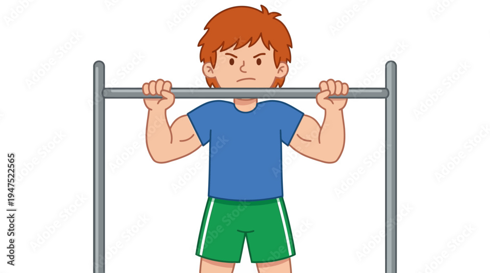 Fototapeta premium Strong young boy with red hair performing pull ups bars