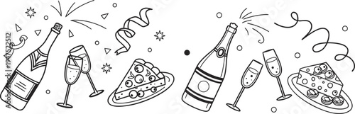 Champagne bottles and glasses vector illustration with confetti and cake slice