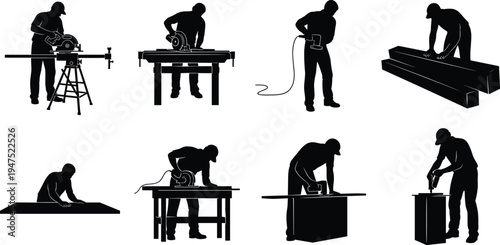 Set of black silhouettes featuring professional carpenters and woodworkers using power tools circular saws and drills for timber construction isolated on white background vector.
