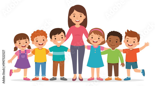 Mother standing proudly surrounded by six happy children