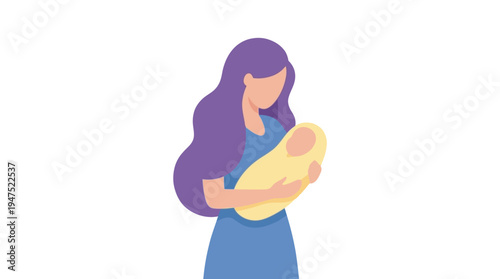Woman with long purple hair cradles a small baby