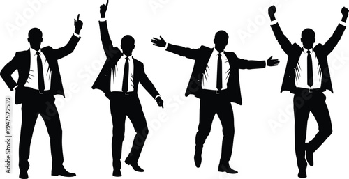 Set of black silhouettes of a successful businessman in a suit celebrating victory, gesturing, dancing, and cheering isolated on a white background for business concepts.