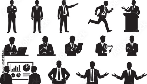 Businessman silhouettes collection, corporate office manager presentation meeting running working professional people vector set