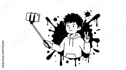 Boy taking selfie with stick black ink splash background