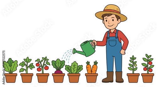Farmer watering plants with a green can