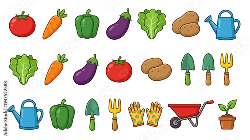 Colorful gardening icons set with vegetables and tools