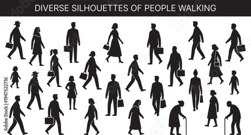 Diverse people walking silhouettes set, men women children and elderly pedestrian figures isolated vector illustration collection