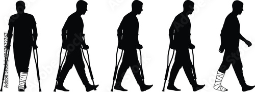 Silhouette sequence showing progressive recovery from leg injury with crutches to independent walking, rehabilitation stages, medical mobility illustration for healthcare and educational purposes