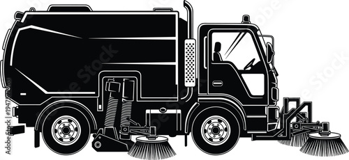 Street sweeper truck silhouette with rotating brushes, municipal road cleaning vehicle isolated on white background, urban sanitation transport equipment 
