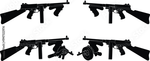Submachine gun silhouettes set with drum magazine and vertical grip isolated black vector illustration showing classic automatic firearms for military, tactical defense, and historical weapon design