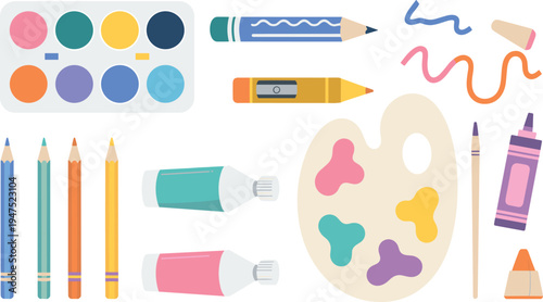 Colorful Art Supplies Collection Watercolor Paints Pencils and Paint Palette drawing painting