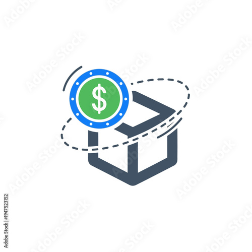 A green dollar coin on a box with a dotted line around it.