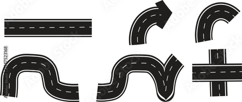 City Road and Highway Vector,  Top View Street Junctions, Wavy and Straight Roads, Footpaths and Crossroads, Asphalt Traffic Elements
