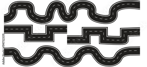 Winding Road Vector Set, Seamless Asphalt Roads with Markings, Highway and Street Transport Design, Isolated on White Background