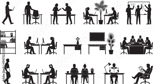 Office worker silhouettes set, business people working meeting discussion desk computer workplace vector collection