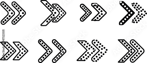 A collection of stylized double chevron arrow icons in various dotted patterns