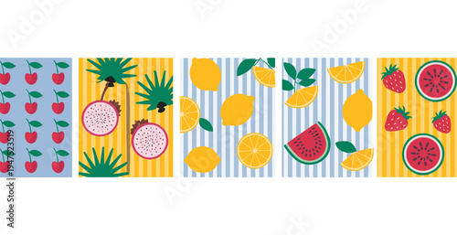 Colorful fruit patterns on striped backgrounds with cherries lemons watermelon and strawberries Keywords: fruit, pattern