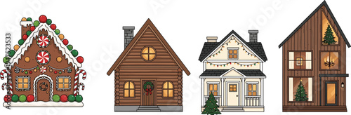 Vector illustration set of Christmas houses including gingerbread cottage log cabin and modern wooden villa with festive winter decorations isolated on white background