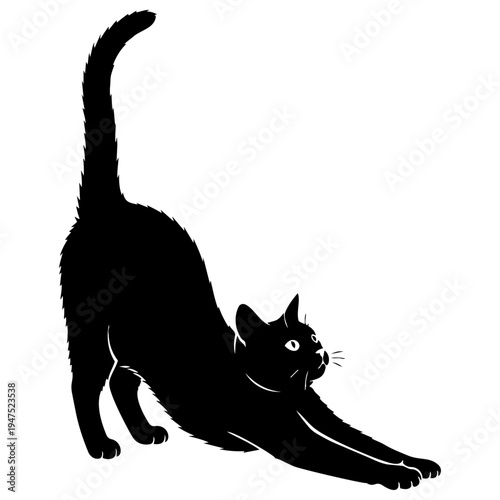 A black cat stretching on the floor isolated on transparent background, Vector