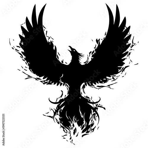 A black silhouette of a phoenix rising from the ashes isolated on transparent background, Vector