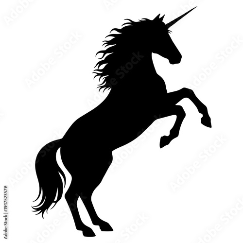 A black silhouette of a unicorn rearing up on its hind legs isolated on transparent background, Vector