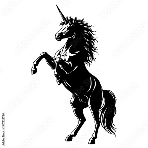 A black and white image of a unicorn isolated on transparent background, Vector